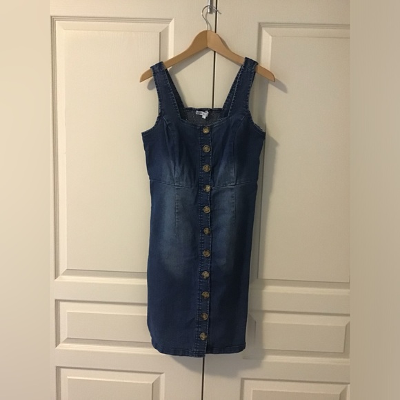 Cleo Denim Dress Dark-wash faux Button Up Body-con, 10 - Picture 1 of 4